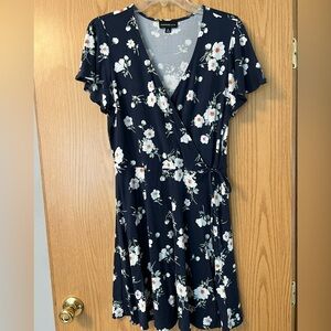 Fortune + Ivy Navy Blue Floral Print Faux Wrap Knit Dress